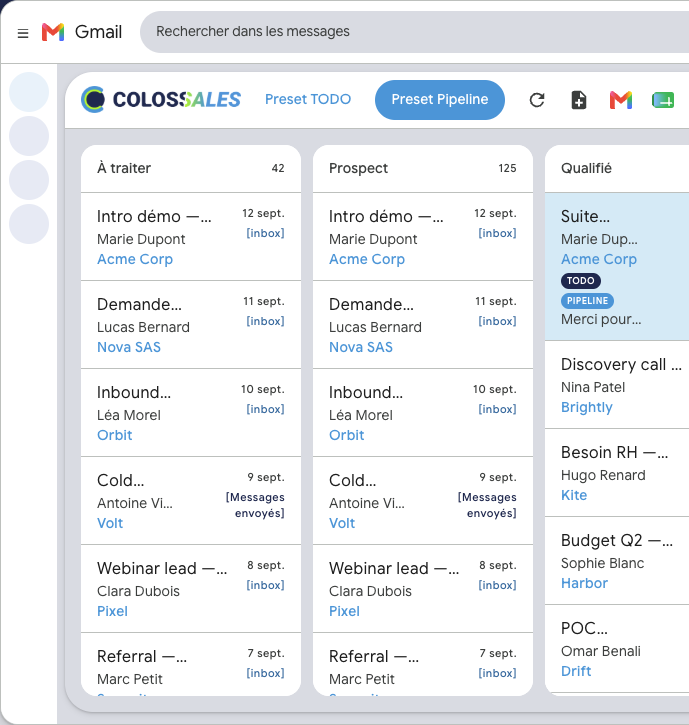 Colossales Kanban board in Gmail: sales pipeline attached to threads